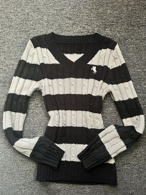 Striped V-Neck Sweater in Black & White